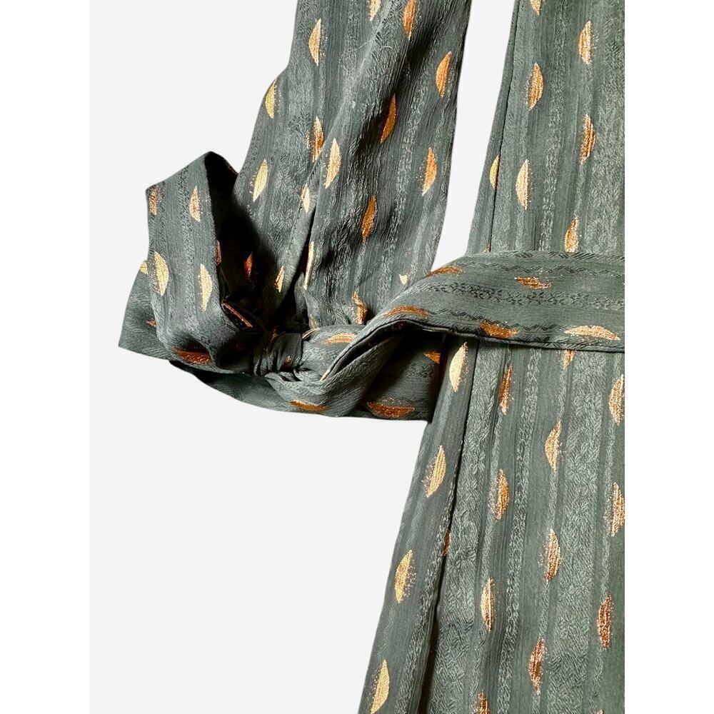 Banana Republic Green Gold Metallic Print Long Sleeve Tie Cuff Dress Size 2 - Picture 4 of 6